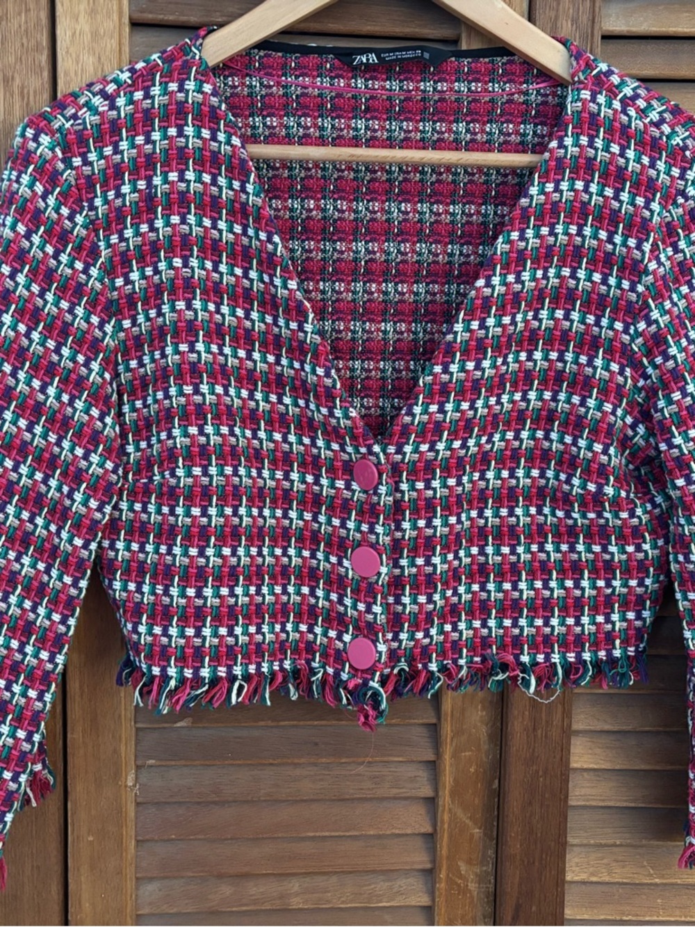 Zara Pink Multi Tweed Cropped Jacket with pink buttons. Medium.